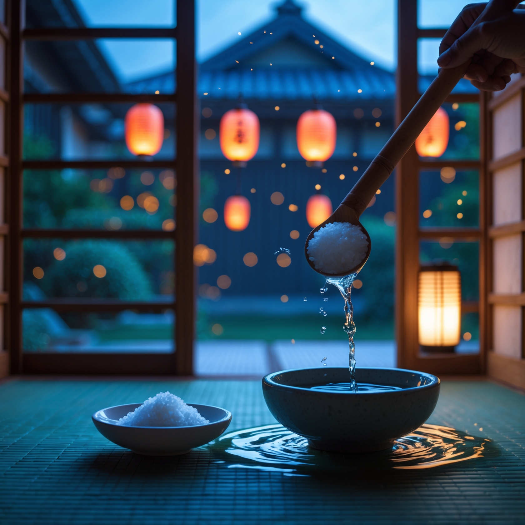 Japanese summer purification ritual with salt and water on tatami at night