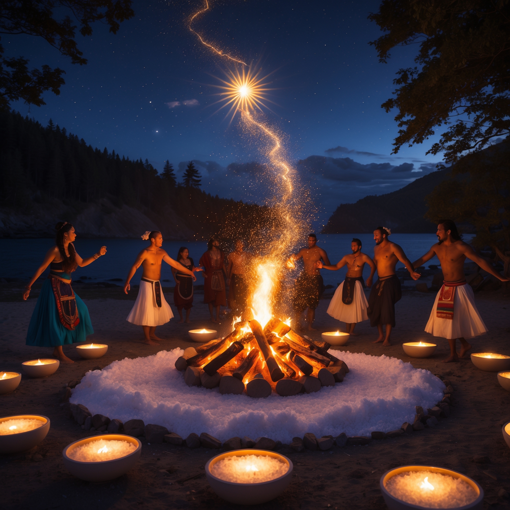 Summer solstice salt fire ritual with dancers around sacred bonfire