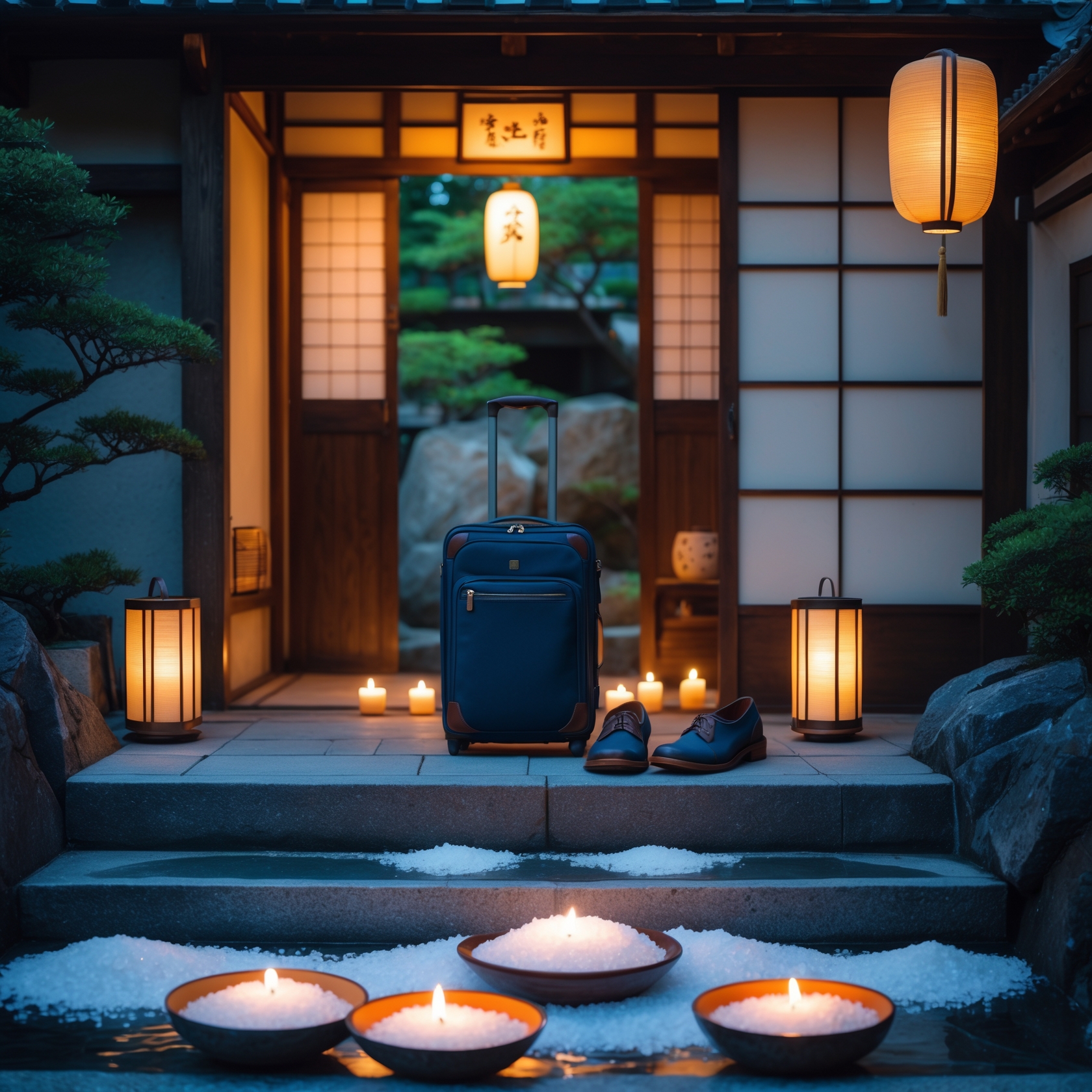 Japanese salt purification ritual at home entrance after travel with suitcase and candles