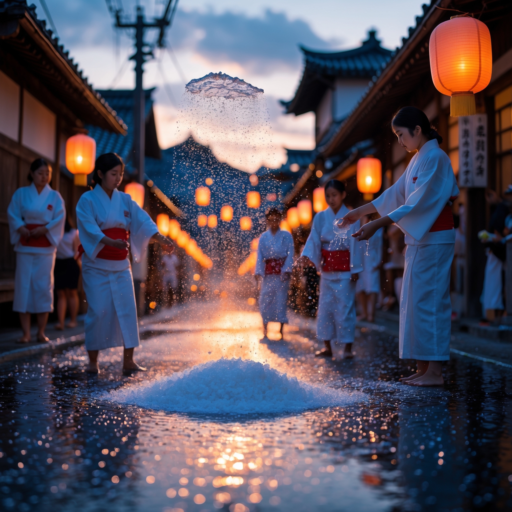 Japanese women in traditional attire performing uchimizu with salt during summer festival evening