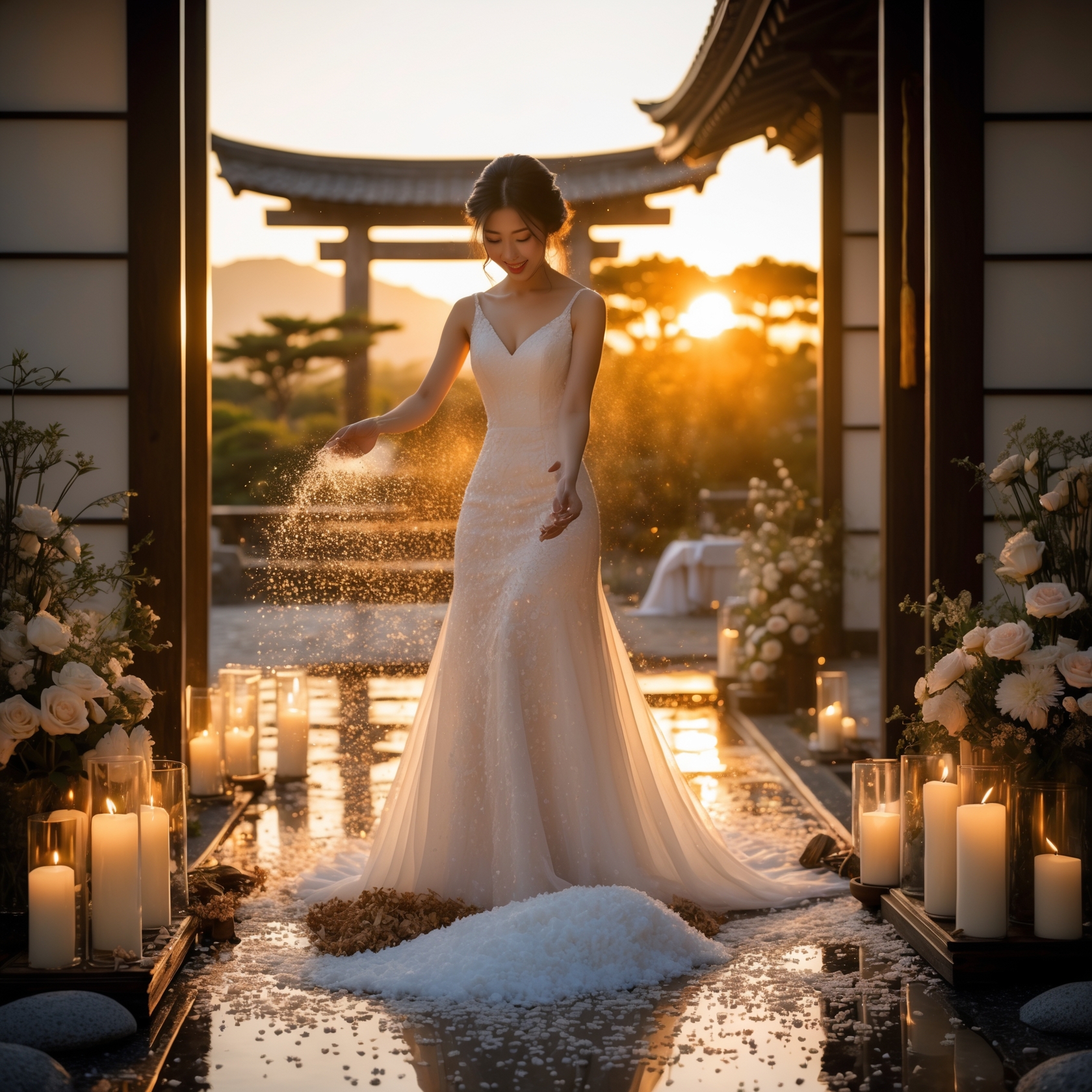 Japanese bride performing salt purification ritual at wedding ceremony, symbolizing happiness and spiritual cleansing