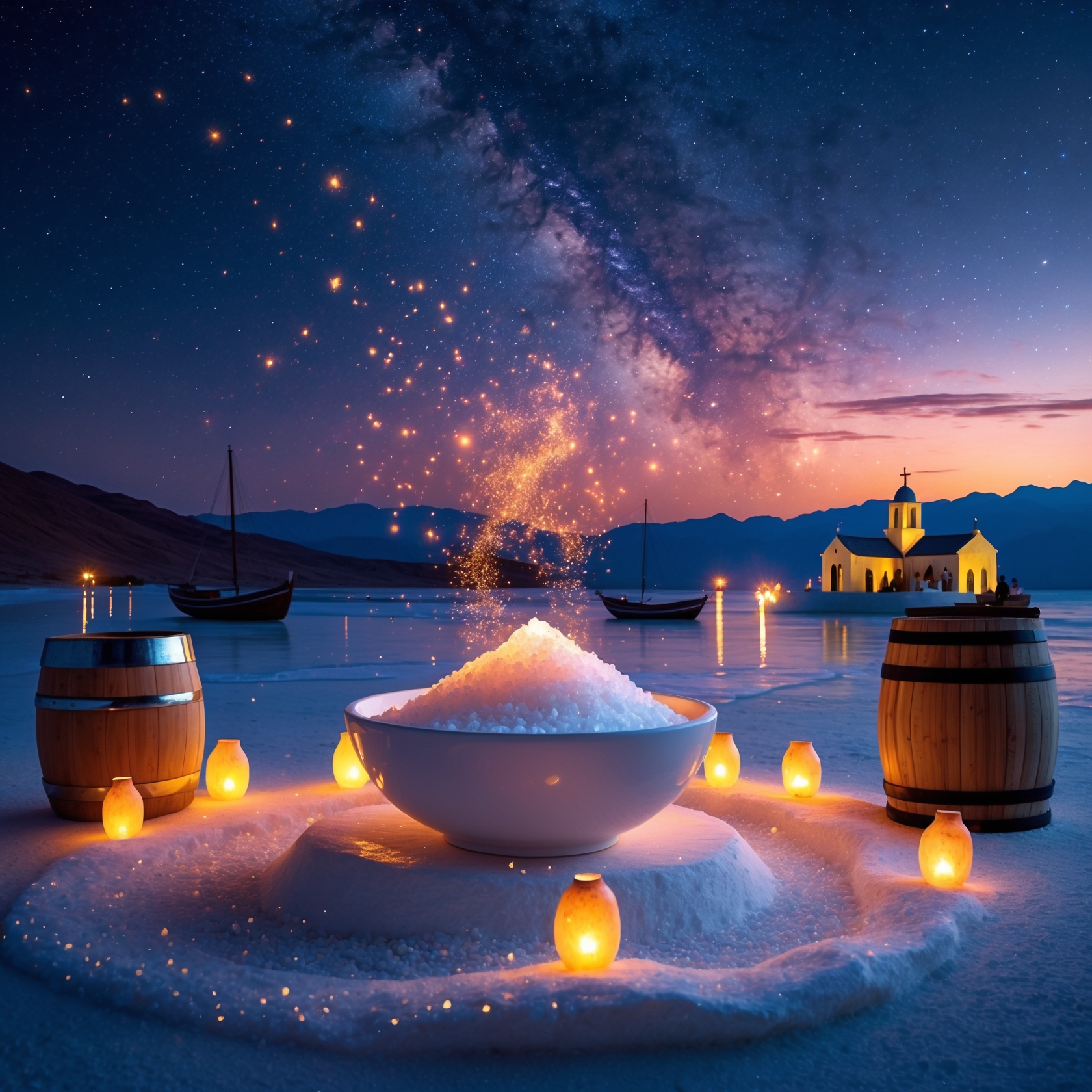 Mystical salt ritual under the Milky Way at a lakeside festival with lanterns and church view