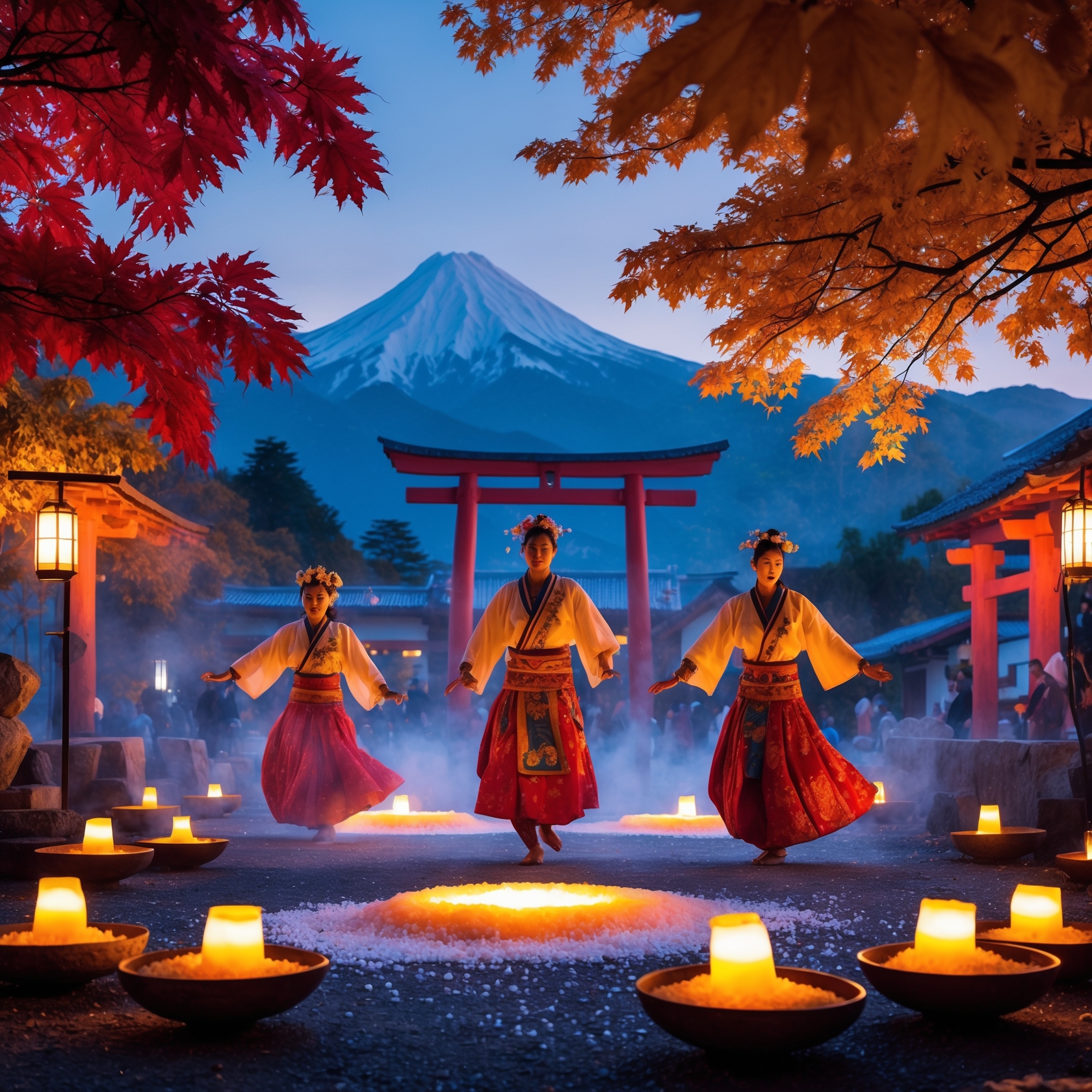 Autumn festival salt dance in Japan with shrine, torii gate, and Mount Fuji