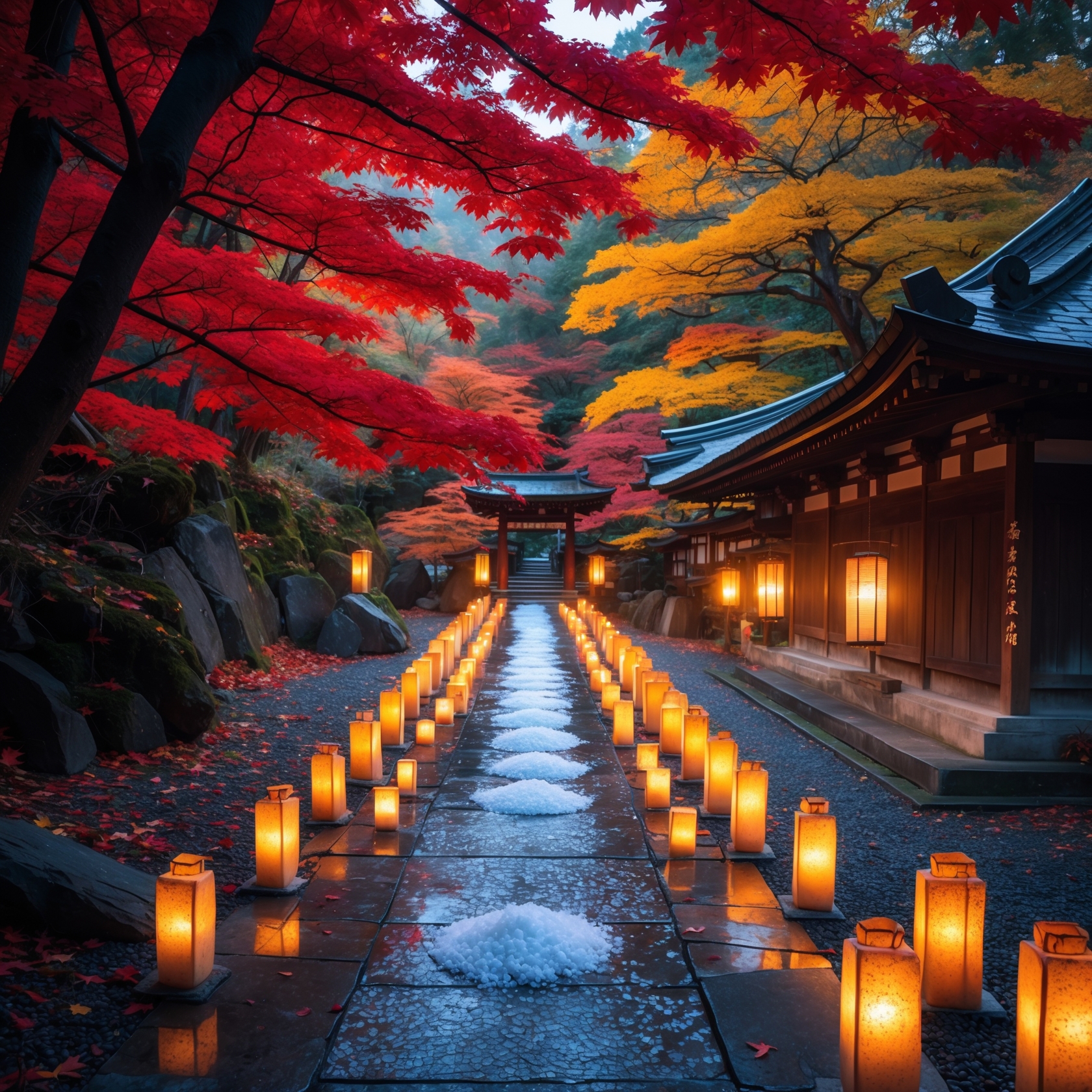 Autumn Japanese shrine path with salt purification and lanterns under vibrant fall foliage