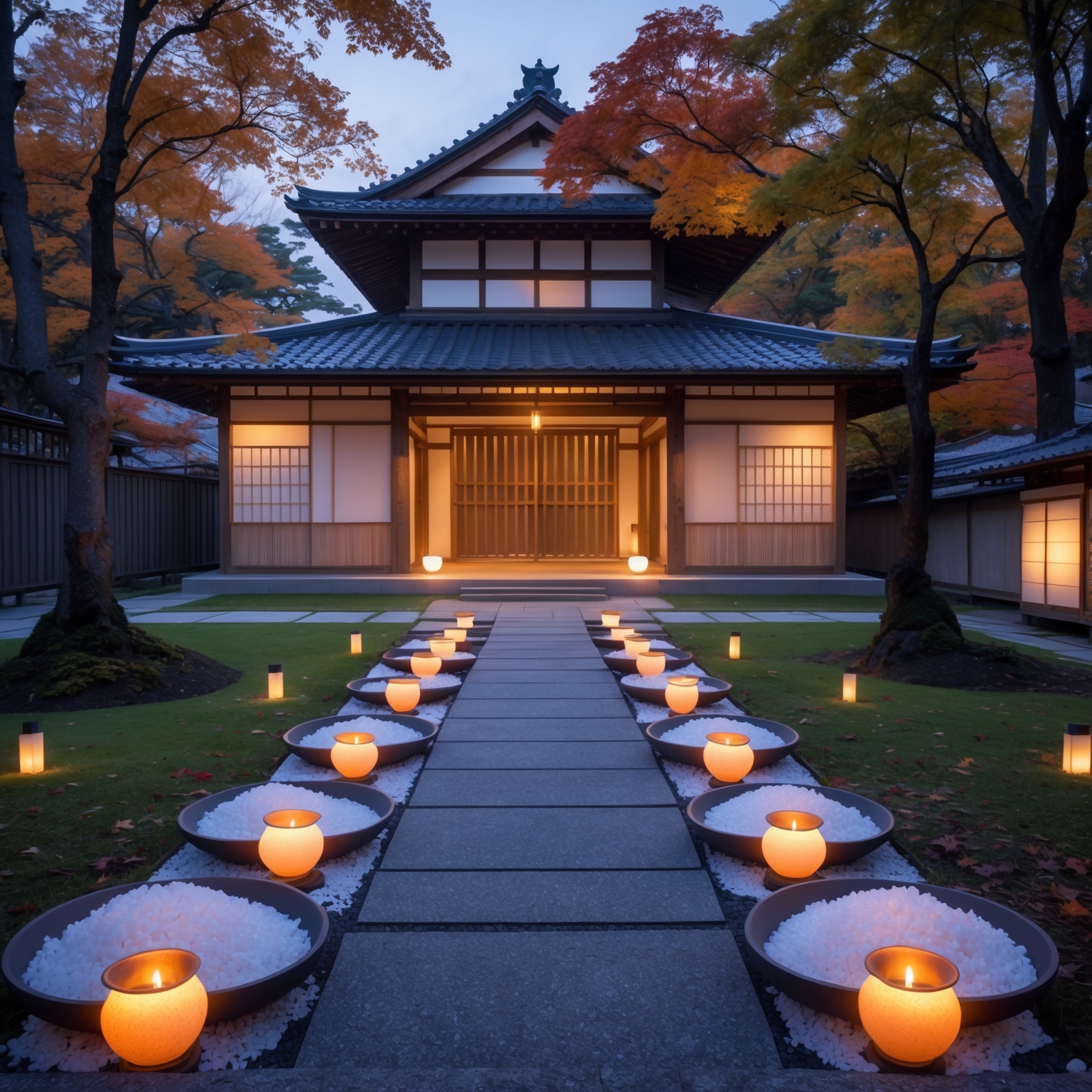Japanese traditional house with autumn salt barrier ritual illuminated by lanterns