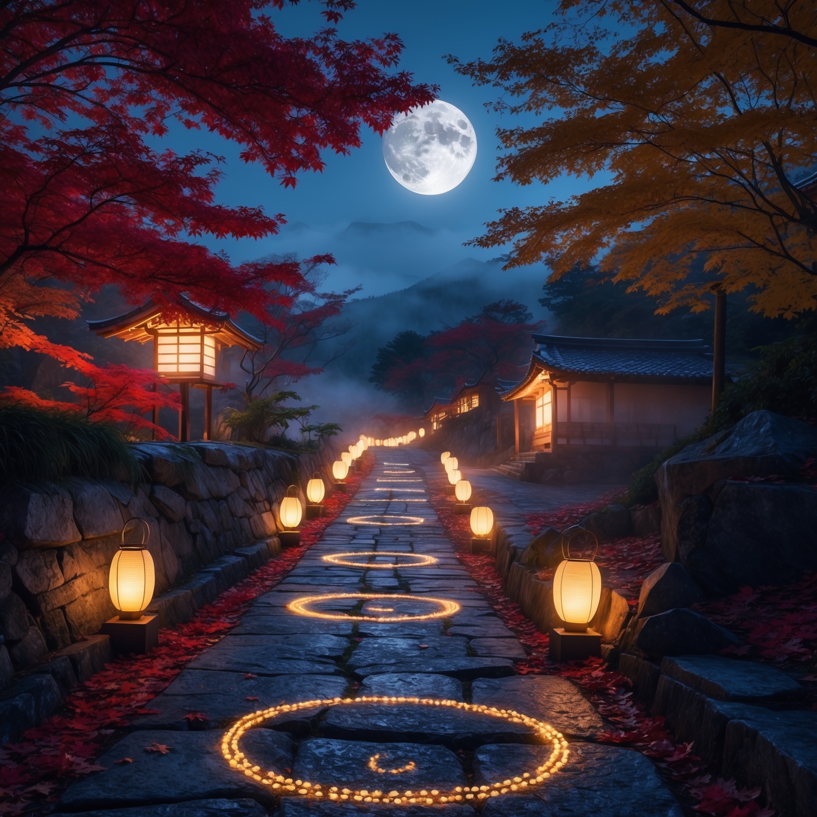 Autumn night salt barrier illuminated by full moon in traditional Japanese village path