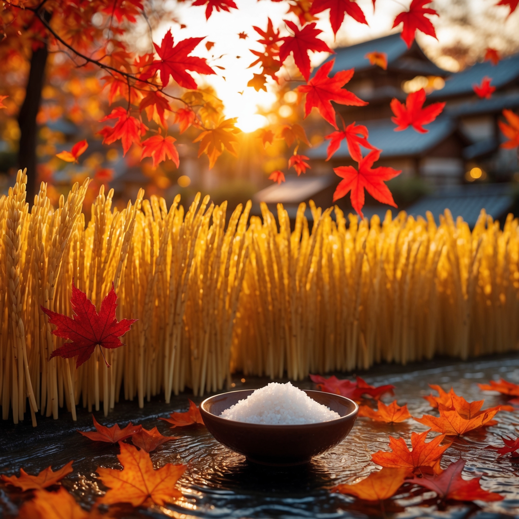 Autumn salt ritual with golden rice stalks and red maple leaves for wealth and prosperity in Japan