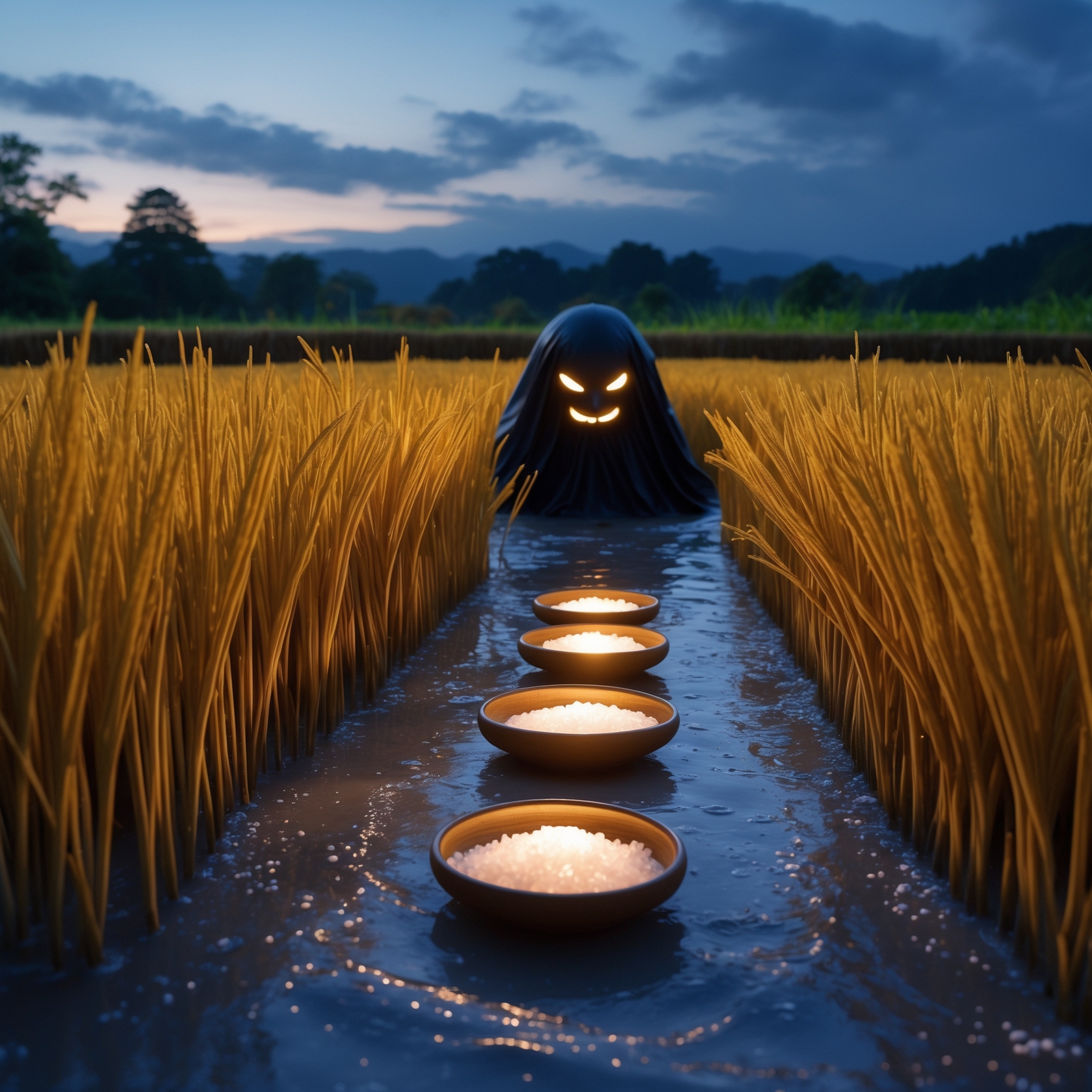 Dorotabo yokai in Japanese rice field with glowing salt bowls for exorcism