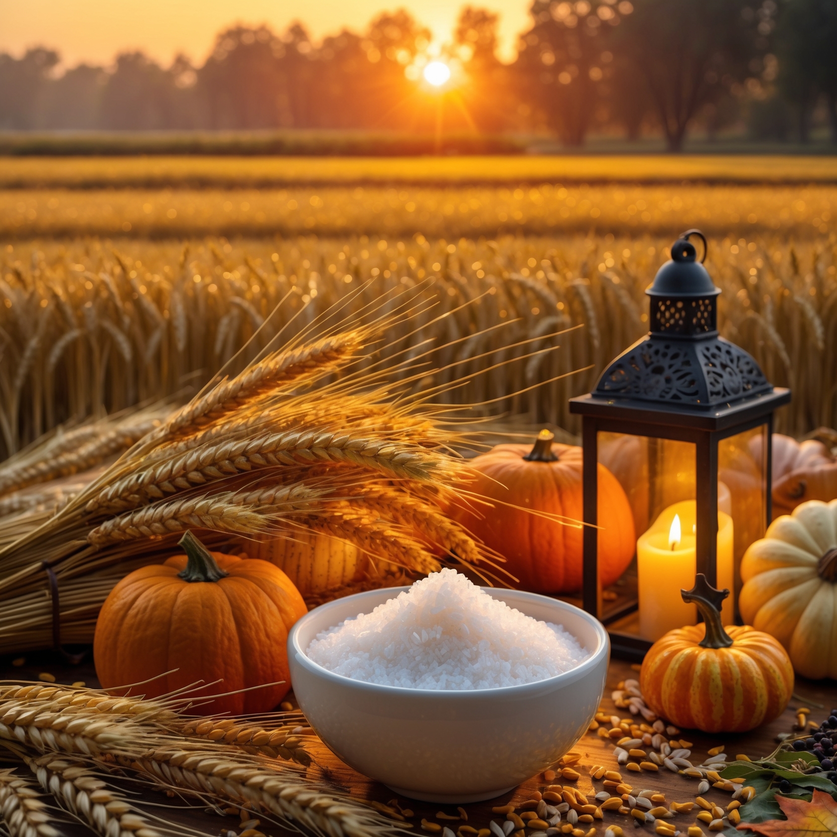 Autumn harvest festival scene with pumpkins, wheat, grapes, and a bowl of salt symbolizing abundance and purification