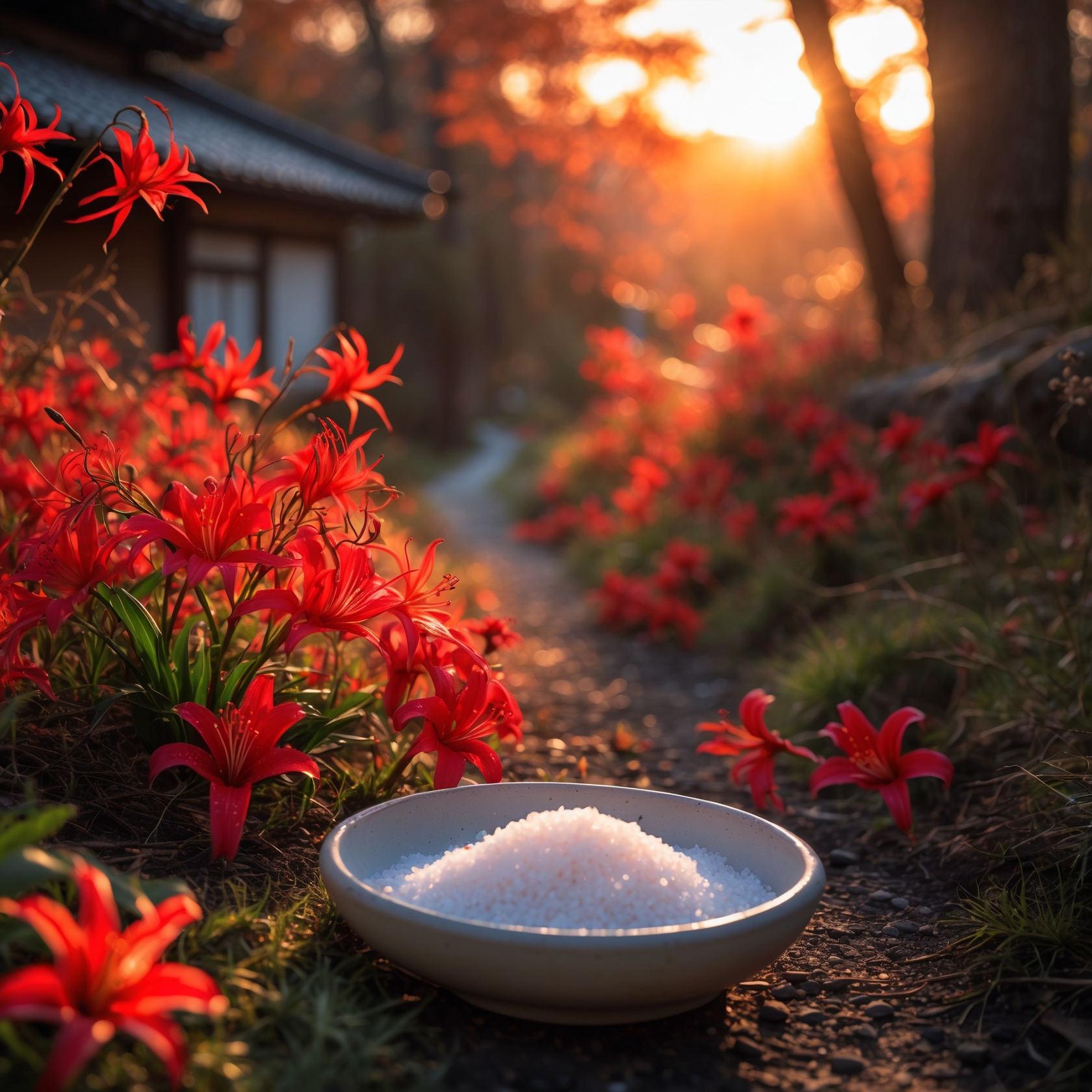 Red spider lilies and a bowl of salt at sunset symbolizing spiritual cleansing in Japan