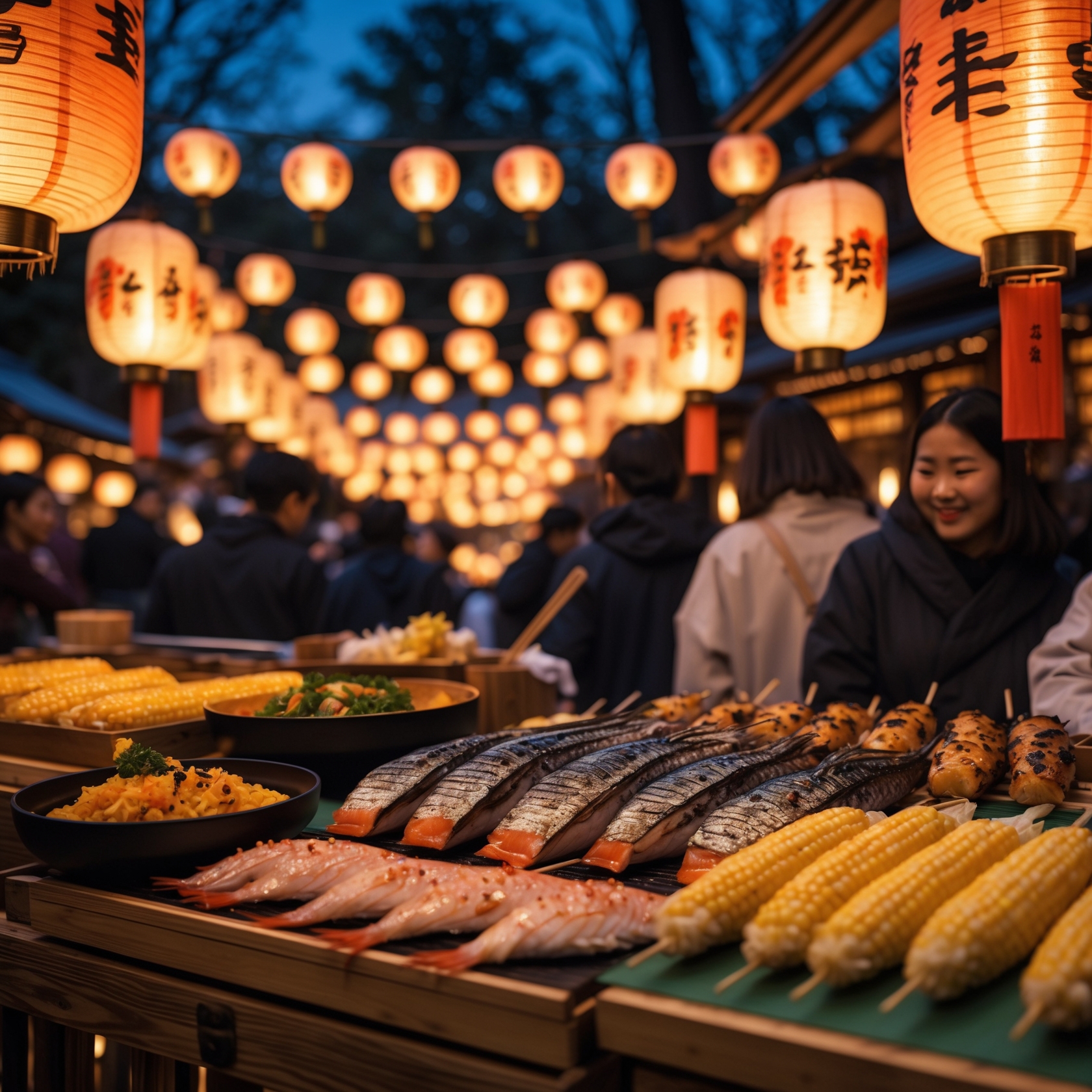 Japanese autumn festival night with salt-grilled fish and corn street food under lanterns