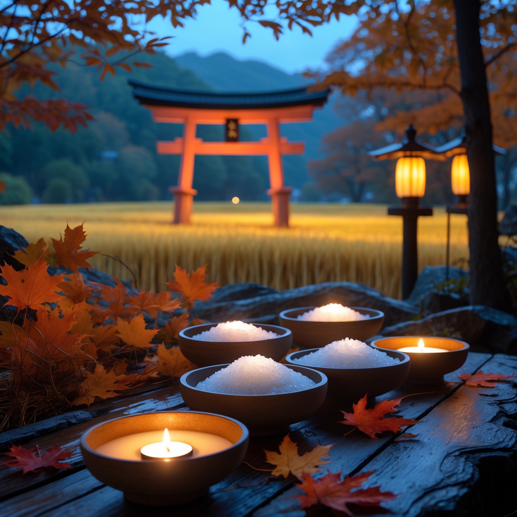 Japanese autumn shrine scene with torii gate, salt purification bowls, and lanterns for spiritual cleansing