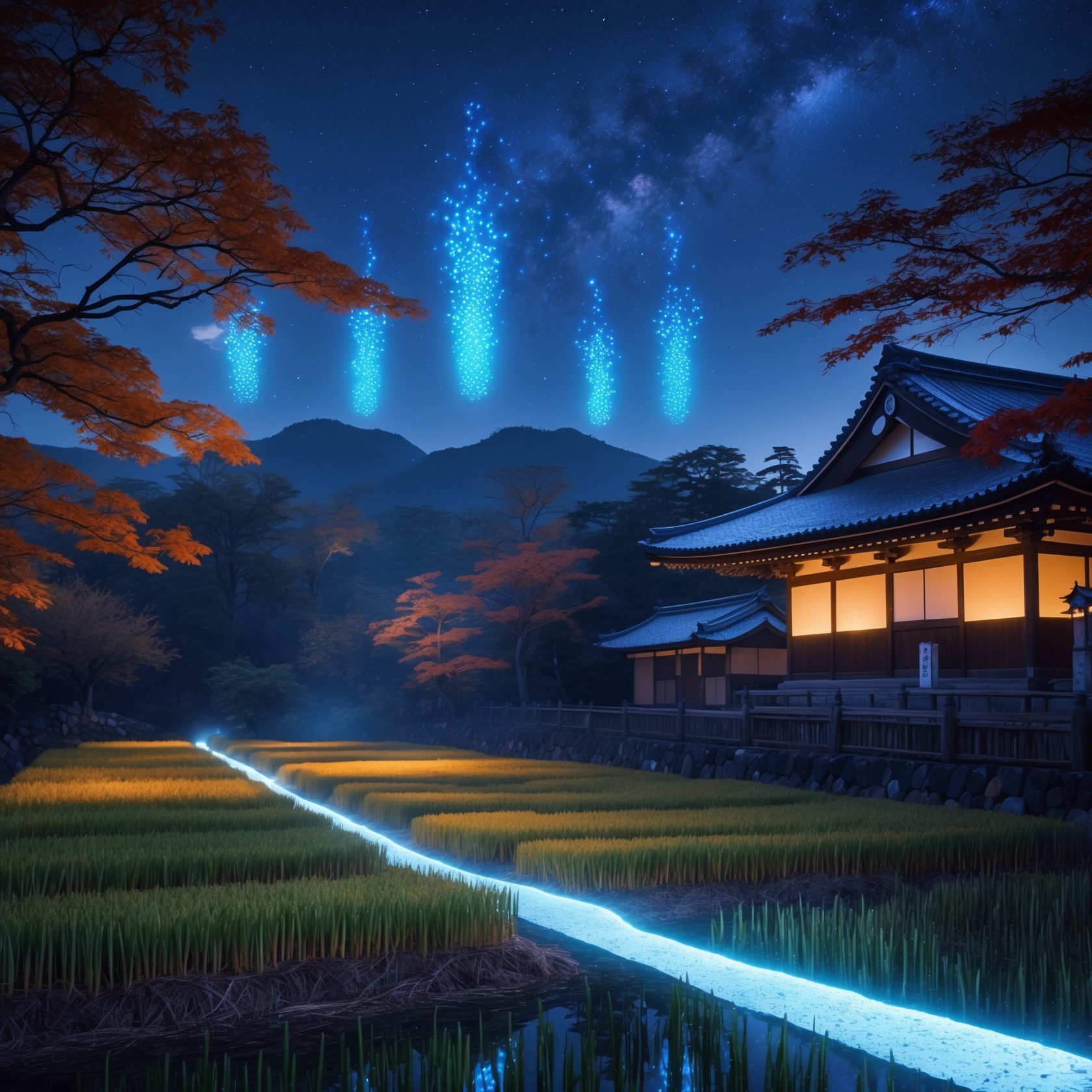 Mystical kitsunebi foxfire glowing over Japanese temple and rice fields with salt protection under autumn night sky