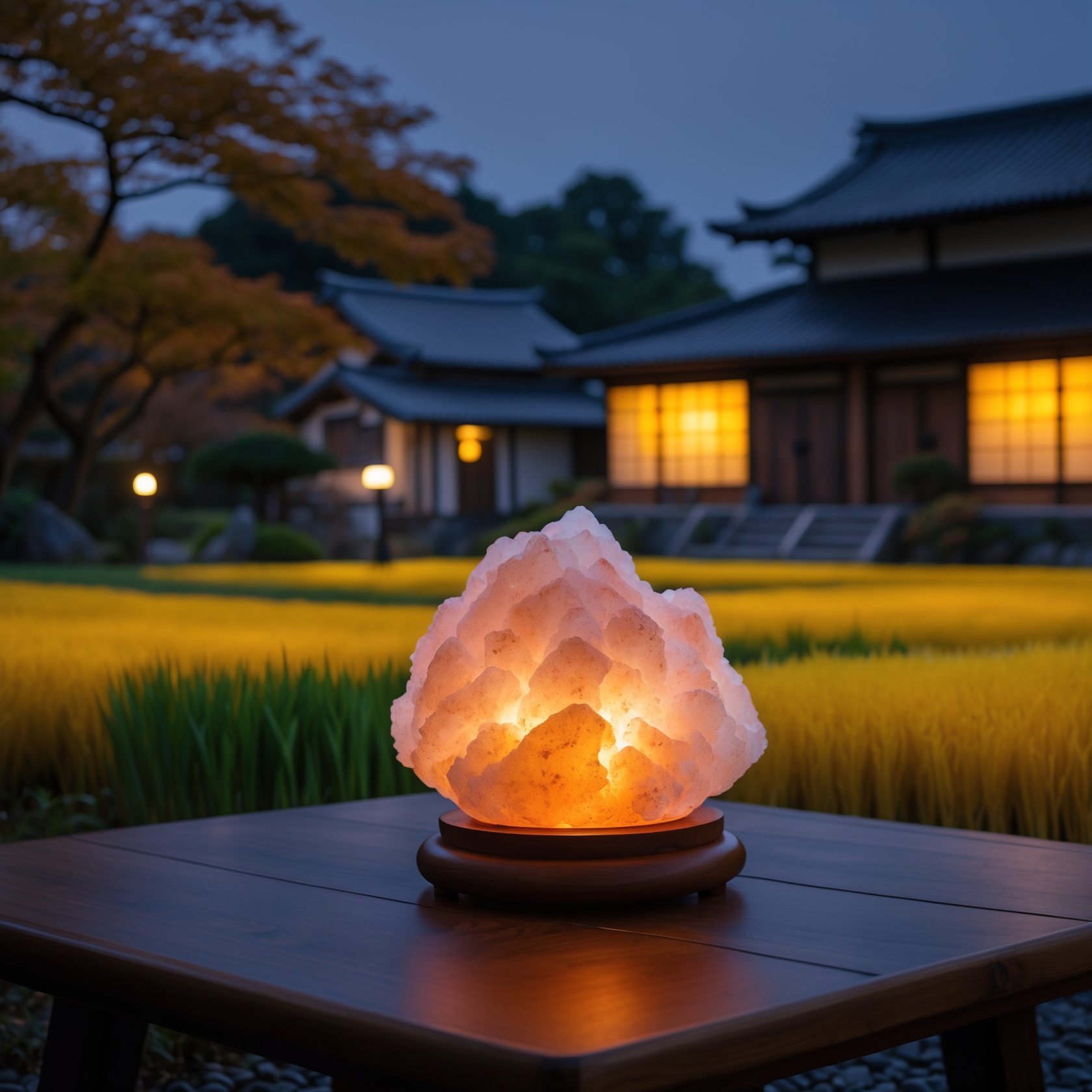 Himalayan salt lamp glowing in Japanese autumn garden, relaxation and healing interior decor