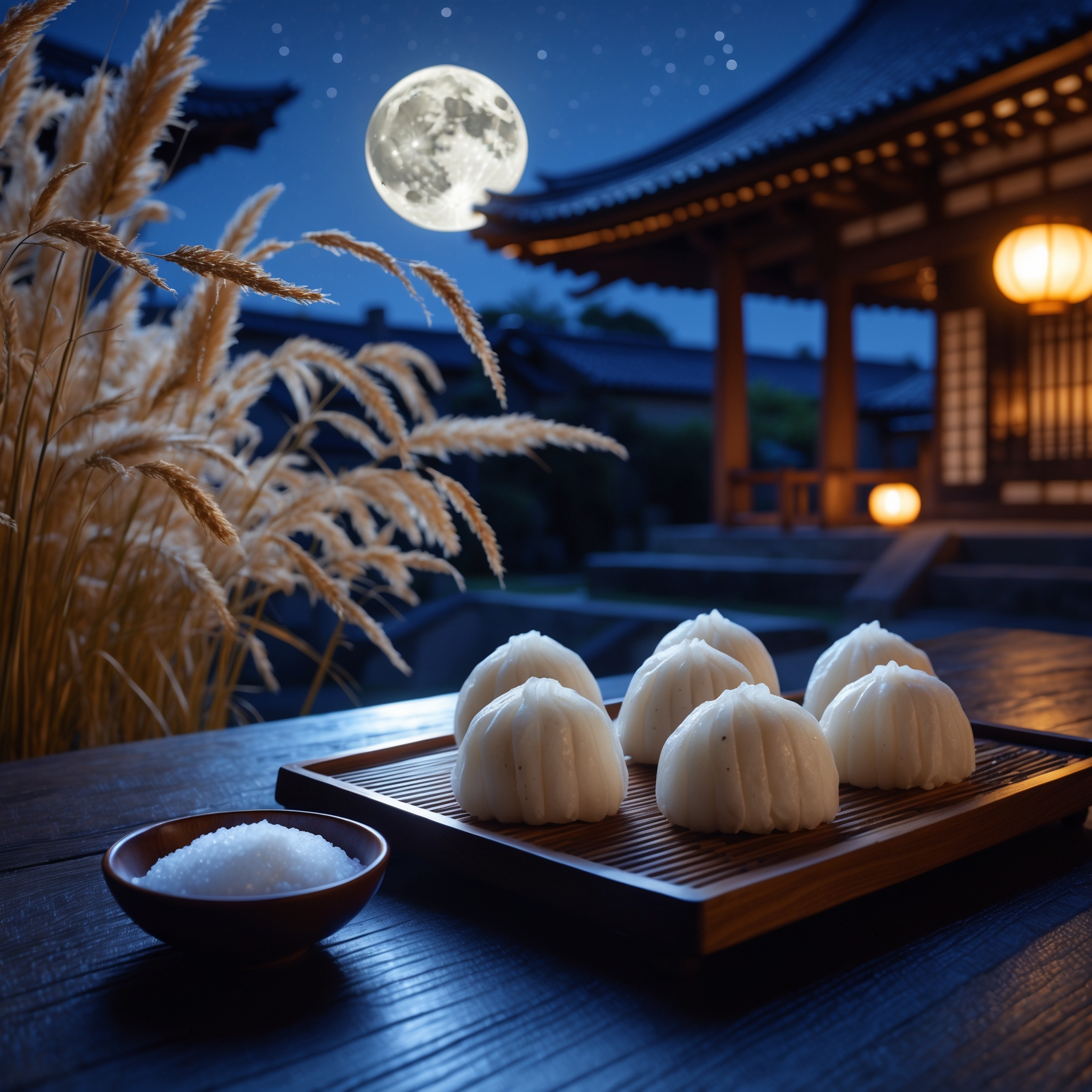 Japanese tsukimi dango and salt offering under full moon with pampas grass and temple